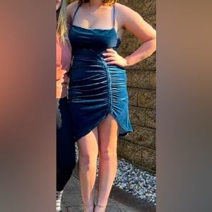 Dark blue cowl neck homecoming dress